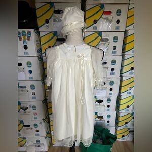 Jenny Annie dots Elegant Cream Baby Dress with Bonnet